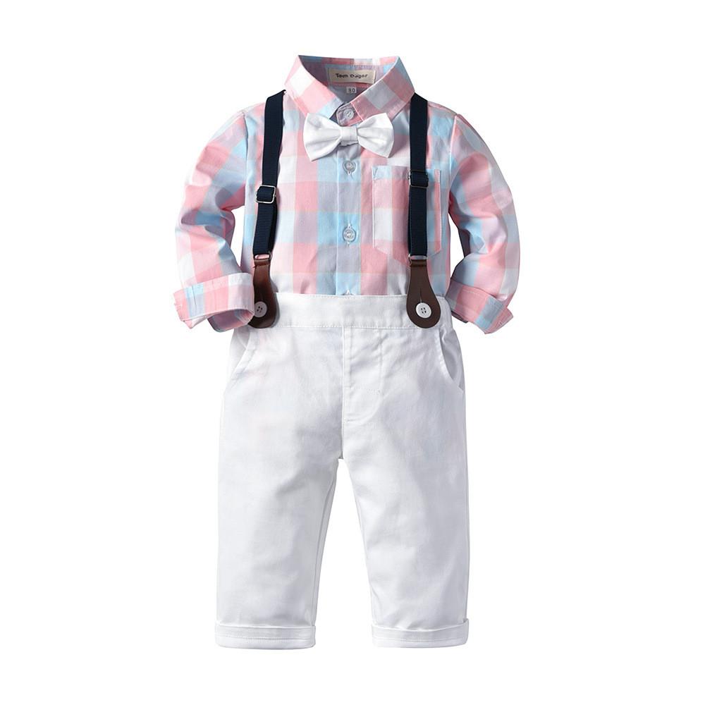 Boys Plaid Tie Long Sleeve Shirt & Pants - PrettyKid