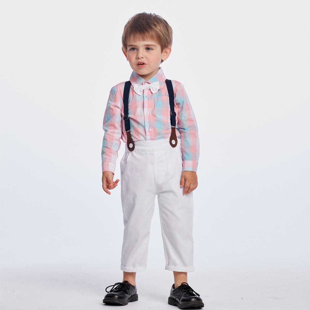 Boys Plaid Tie Long Sleeve Shirt & Pants - PrettyKid