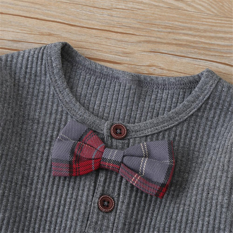 Baby Boys Plaid Tie Long Sleeve Solid Color Romper Babywear Wholesale - PrettyKid