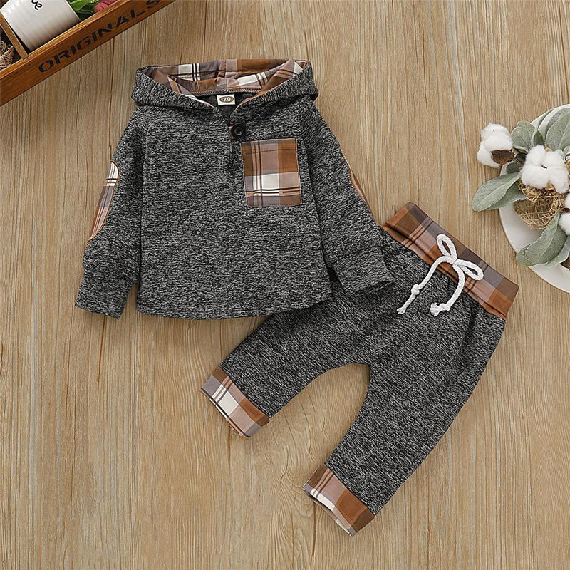 Baby Boys Plaid Warm Hooded Long Sleeve Top & Pants Baby Boutique Wholesale - PrettyKid