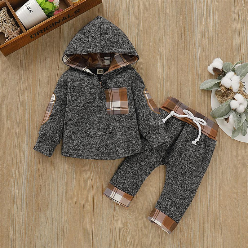 Baby Boys Plaid Warm Hooded Long Sleeve Top & Pants Baby Boutique Wholesale - PrettyKid