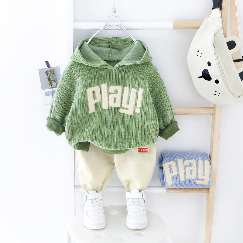 Boys Play Letter Printed Solid Hooded Jumper & Pants - PrettyKid