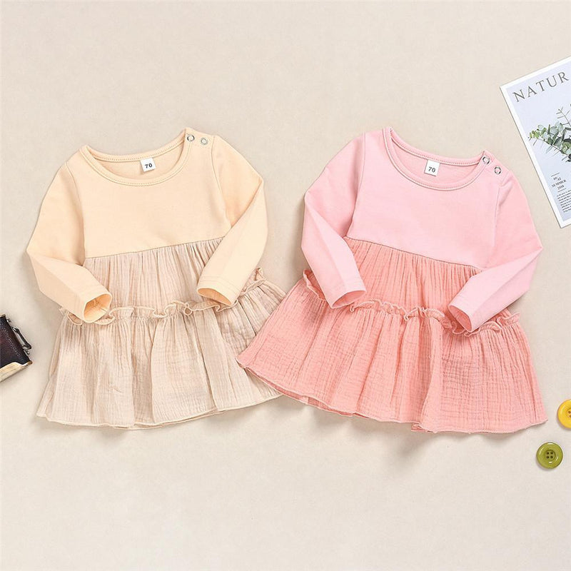 Girls Pleated Cotton Linen Long Sleeve Casual Dress - PrettyKid