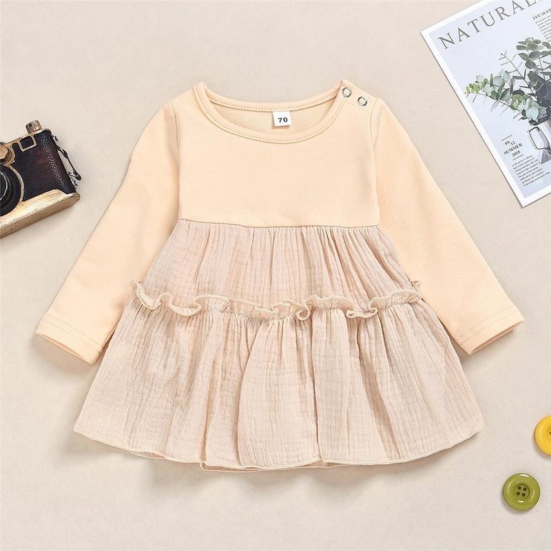 Girls Pleated Cotton Linen Long Sleeve Casual Dress - PrettyKid