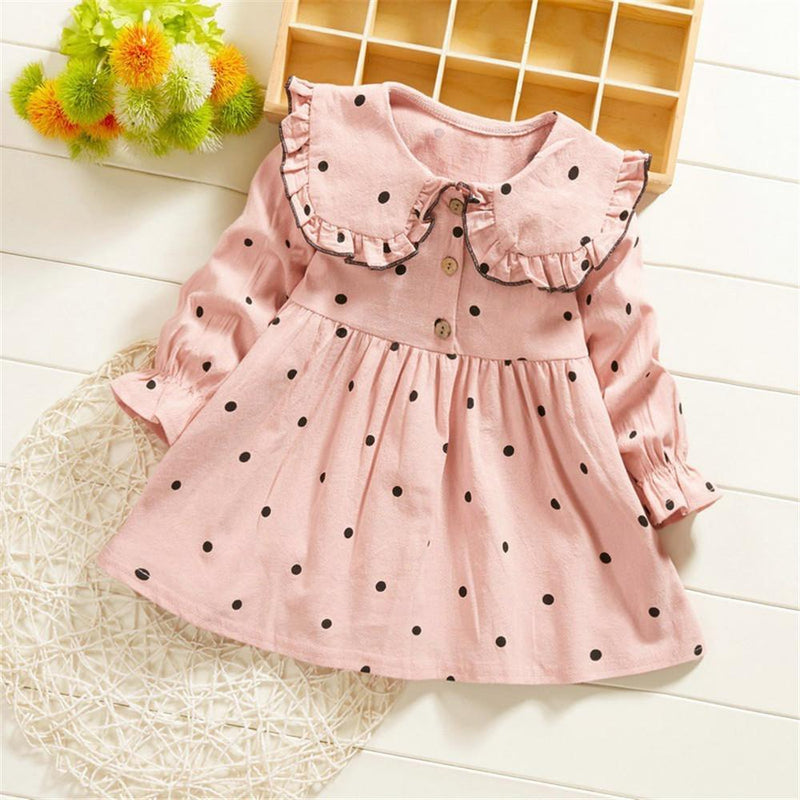 Girls Pleated Polka Dot Button Long Sleeve Dress - PrettyKid