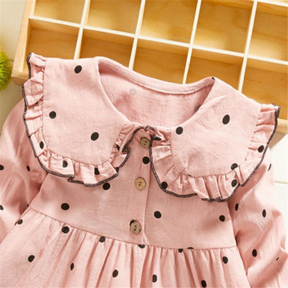 Girls Pleated Polka Dot Button Long Sleeve Dress - PrettyKid