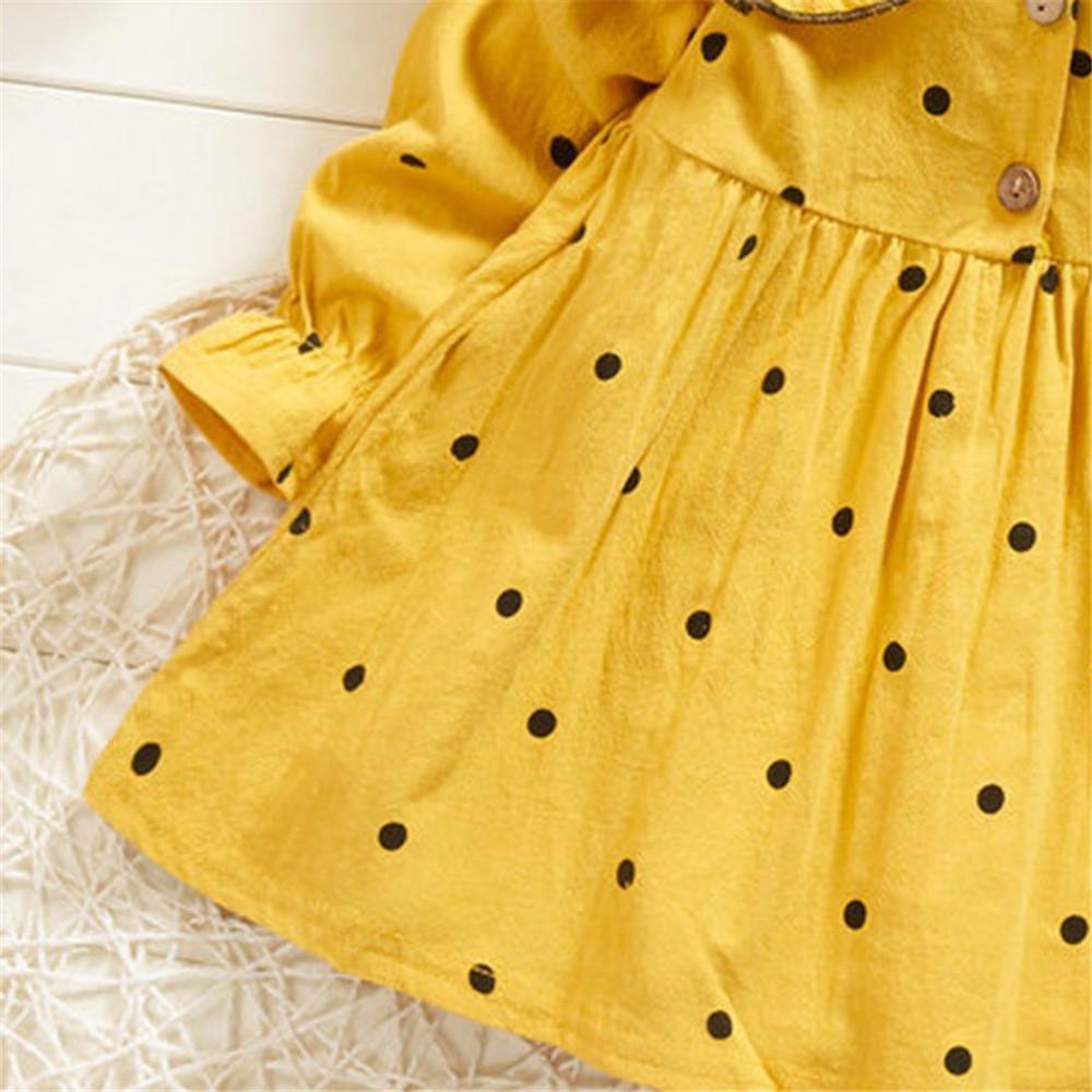 Girls Pleated Polka Dot Button Long Sleeve Dress - PrettyKid