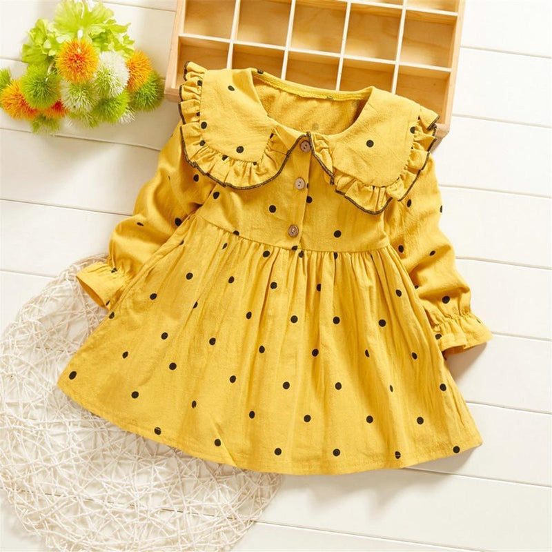 Girls Pleated Polka Dot Button Long Sleeve Dress - PrettyKid