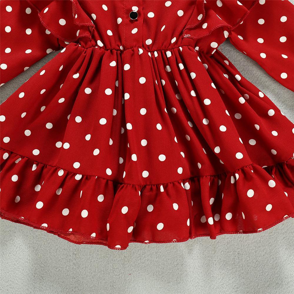 Girls Pleated Polka Dot Lapel Long Sleeve Dress - PrettyKid