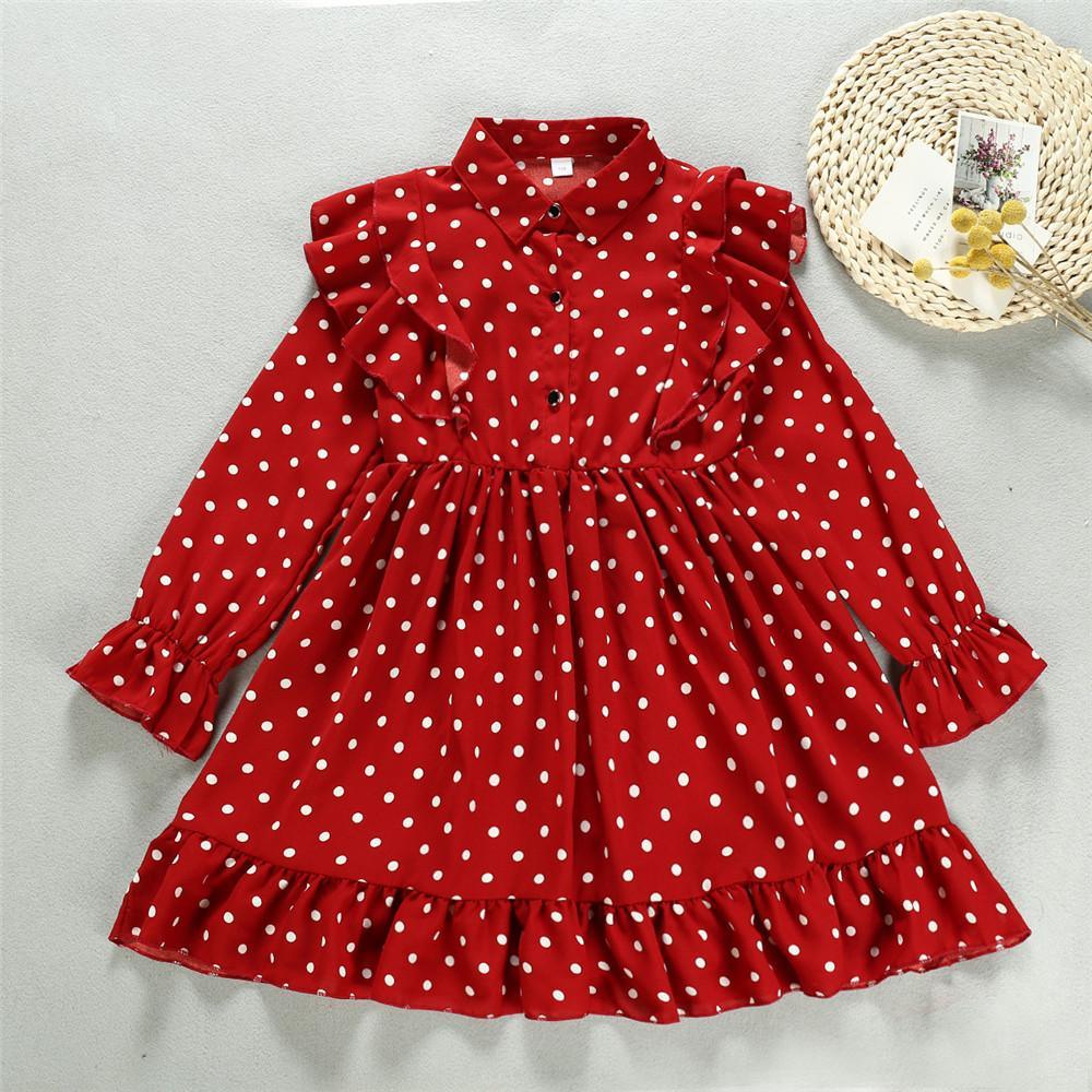 Girls Pleated Polka Dot Lapel Long Sleeve Dress - PrettyKid