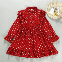 Girls Pleated Polka Dot Lapel Long Sleeve Dress - PrettyKid