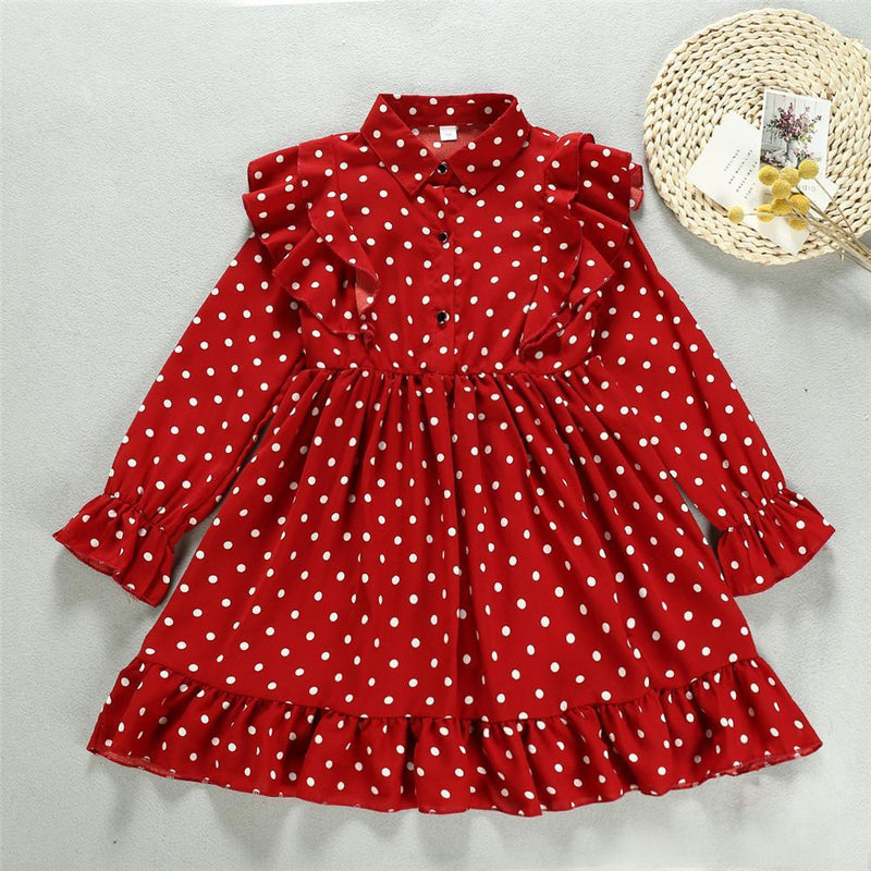 Girls Pleated Polka Dot Lapel Long Sleeve Dress - PrettyKid