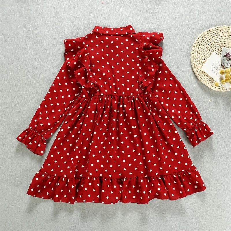 Girls Pleated Polka Dot Lapel Long Sleeve Dress - PrettyKid