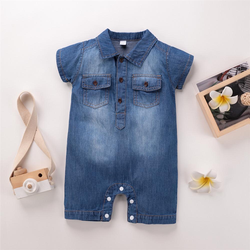 Baby Unisex Pocket Lapel Short Sleeve Denim Romper Baby Summer Clothes - PrettyKid