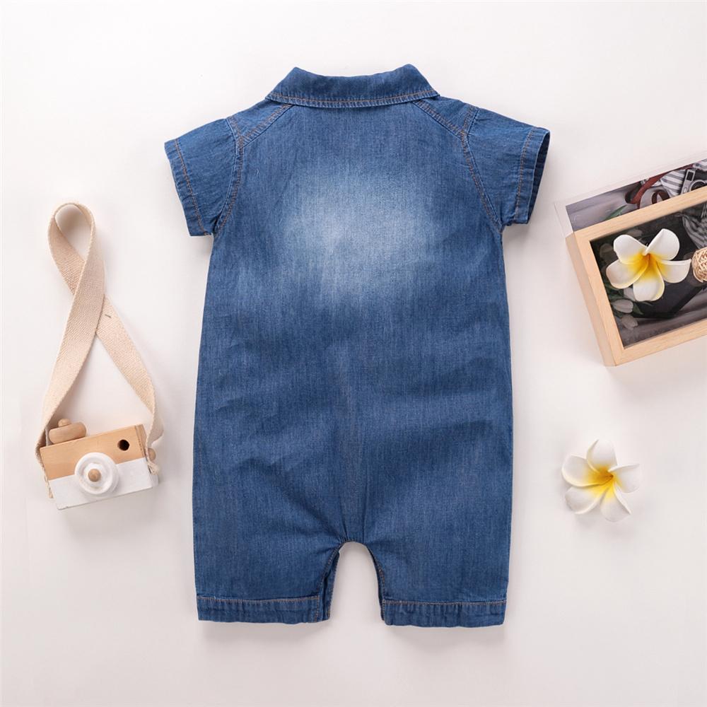 Baby Unisex Pocket Lapel Short Sleeve Denim Romper Baby Summer Clothes - PrettyKid