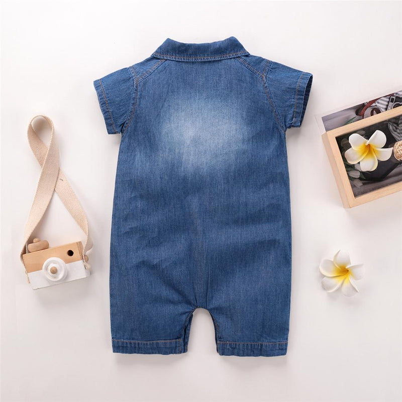 Baby Unisex Pocket Lapel Short Sleeve Denim Romper Baby Summer Clothes - PrettyKid