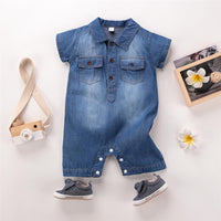 Baby Unisex Pocket Lapel Short Sleeve Denim Romper Baby Summer Clothes - PrettyKid