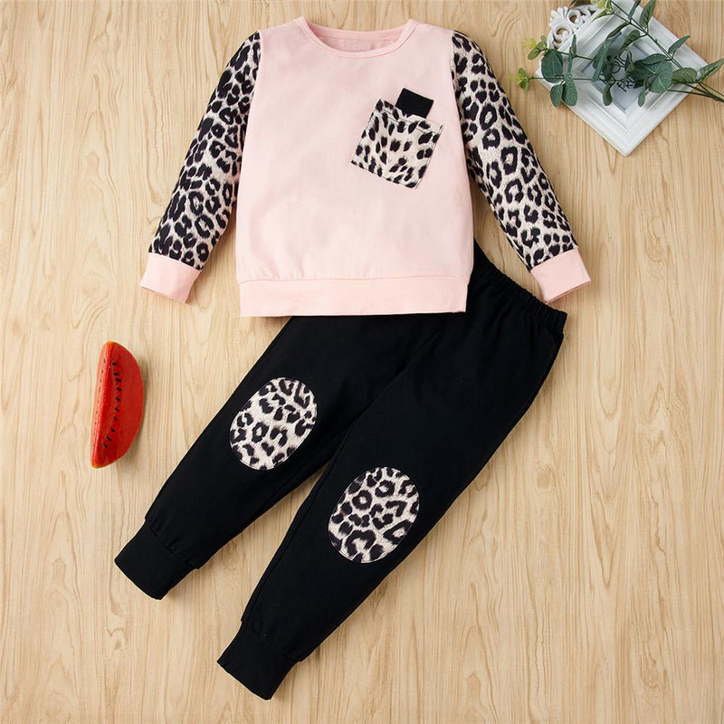 Girls Pocket Leopard Long Sleeve Top & Pants Girls Clothing Wholesale - PrettyKid