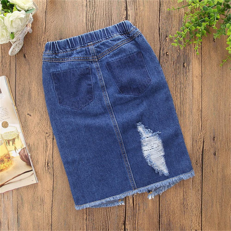 Girls Pocket Ripped Denim Skirt Kids Fashion Wholesale - PrettyKid