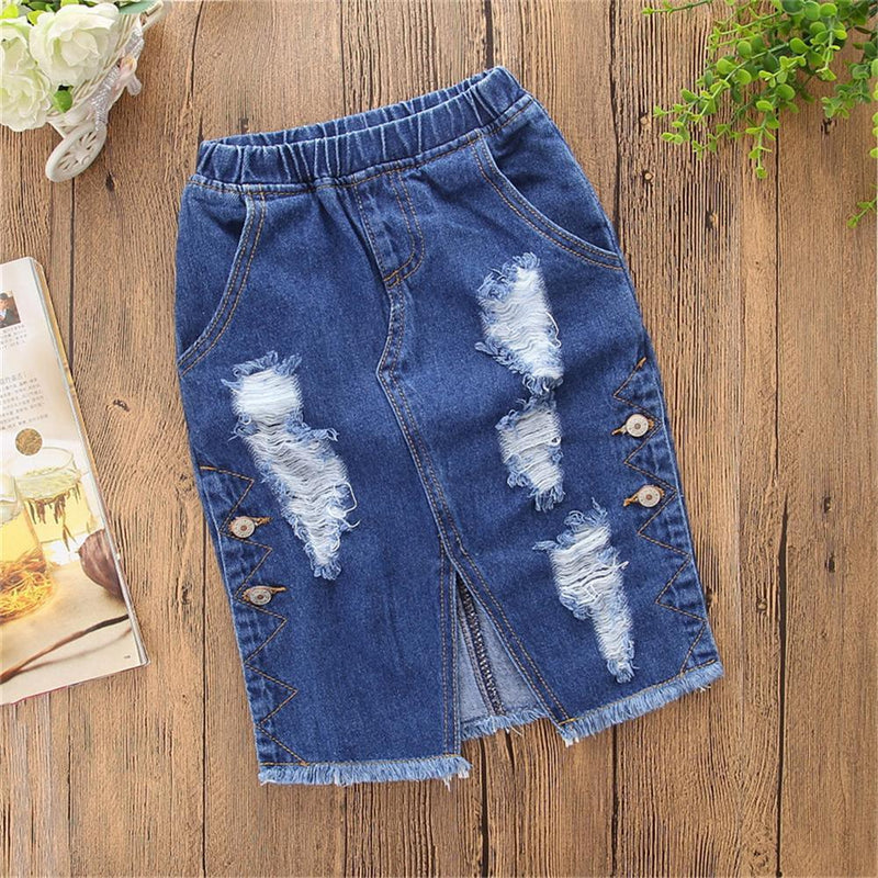 Girls Pocket Ripped Denim Skirt Kids Fashion Wholesale - PrettyKid