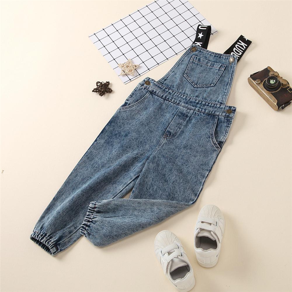 Girls Pocket Solid Color Overalls Letter Denim Jumpsuit Baby Girl clothing Wholesale - PrettyKid