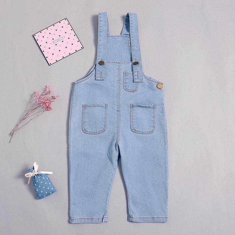 Girls Pocket Solid Denim Jumpsuits - PrettyKid