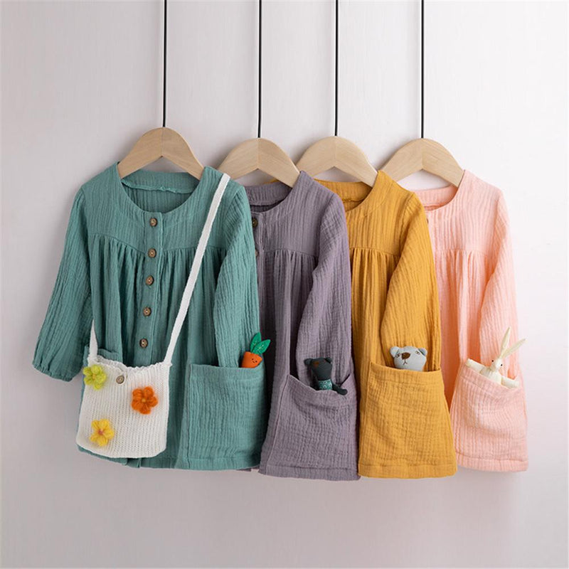 Girls Pocket Solid Long Sleeve Tops - PrettyKid