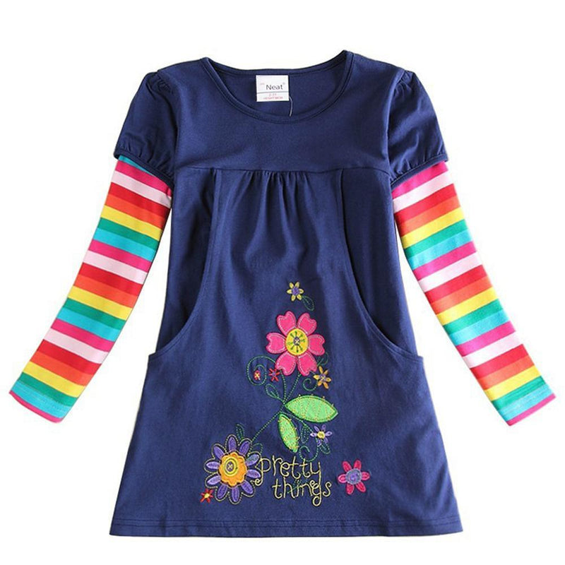 Girls Pocket Striped Flower Long Sleeve Dress Wholesale - PrettyKid