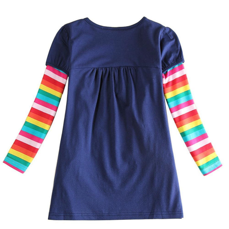 Girls Pocket Striped Flower Long Sleeve Dress Wholesale - PrettyKid