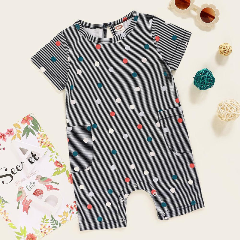 Baby Girls Pocket Striped Polka Dot Short Sleeve Romper Cheap Baby Clothes In Bulk - PrettyKid