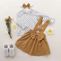 Girls Polka Dot Bow Decor Long Sleeve Blouse & Skirt & Headband - PrettyKid