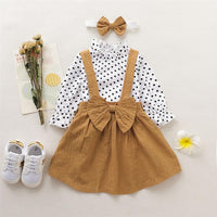Girls Polka Dot Bow Decor Long Sleeve Blouse & Skirt & Headband - PrettyKid