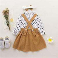 Girls Polka Dot Bow Decor Long Sleeve Blouse & Skirt & Headband - PrettyKid