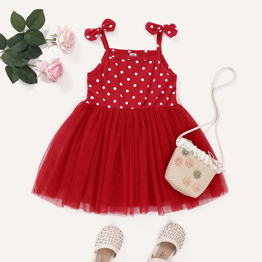 Girls Polka Dot Bow Decor Mesh Splicing Suspender Dress Wholesale Little Girl clothes - PrettyKid