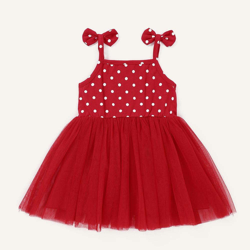 Girls Polka Dot Bow Decor Mesh Splicing Suspender Dress Wholesale Little Girl clothes - PrettyKid