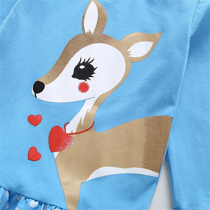 Girls Polka Dot Deer Printed Crew Neck Dress & Headband - PrettyKid