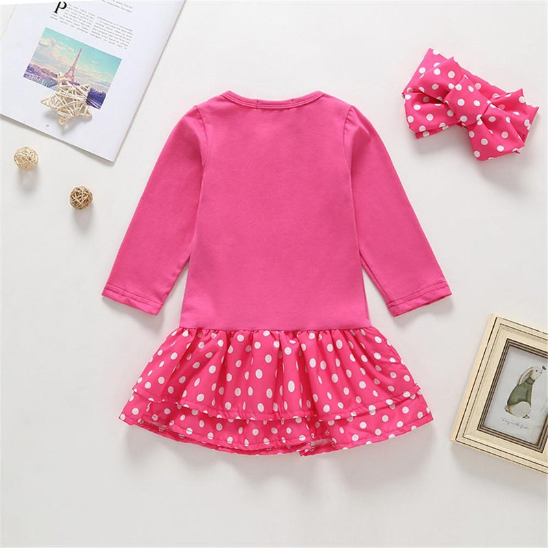 Girls Polka Dot Deer Printed Crew Neck Dress & Headband - PrettyKid