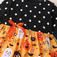 Girls Polka Dot Halloween Pumpkin Printed Dress Wholesale Girls Clothes - PrettyKid