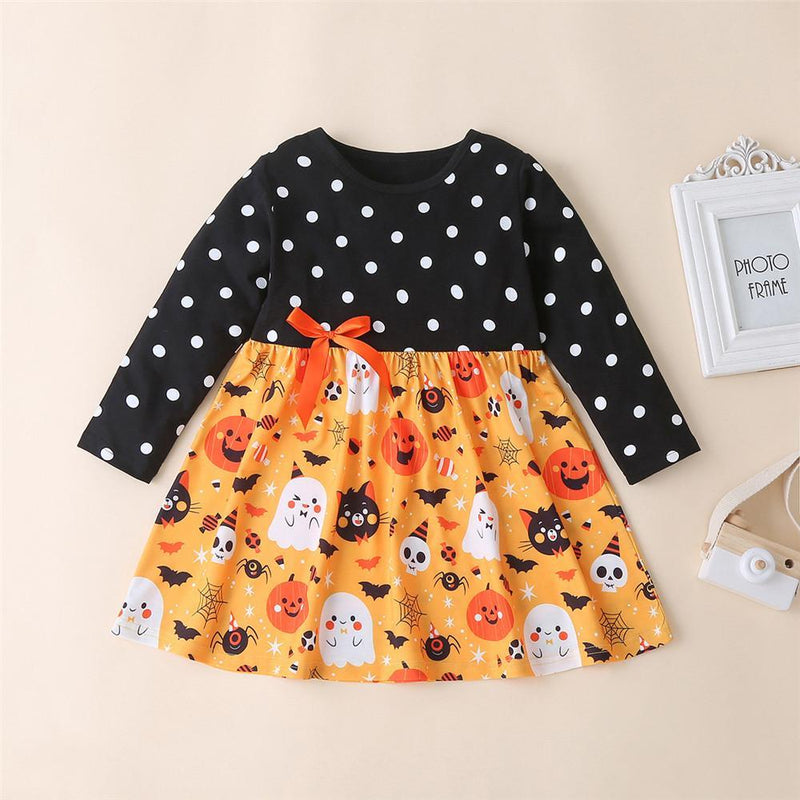 Girls Polka Dot Halloween Pumpkin Printed Dress Wholesale Girls Clothes - PrettyKid