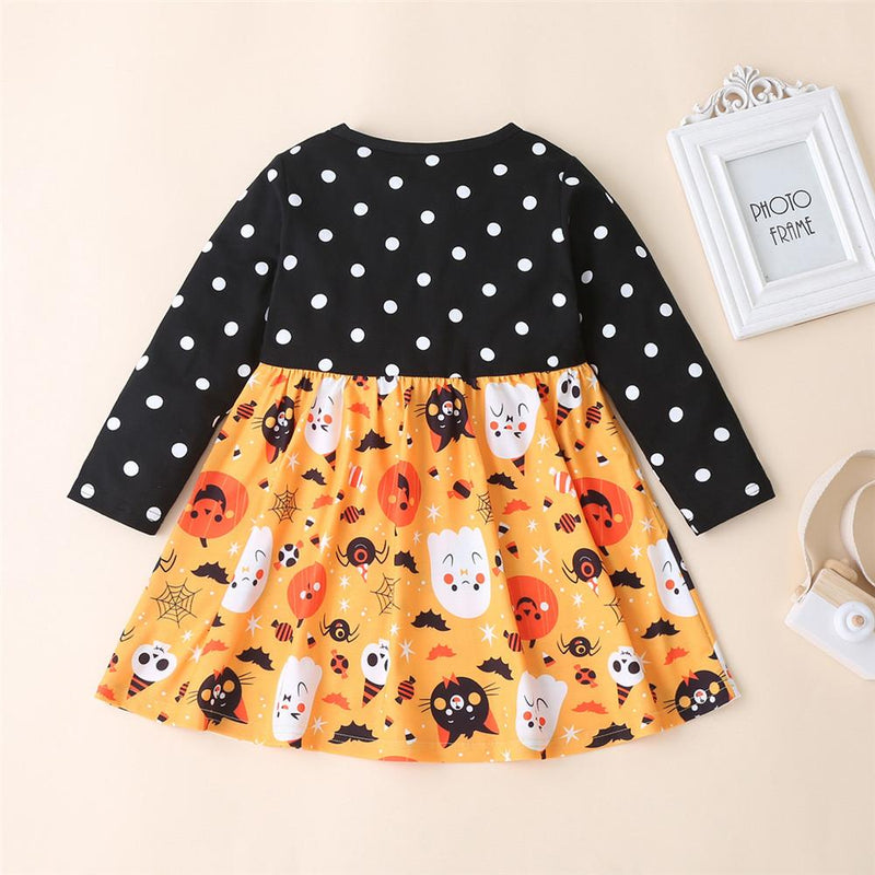 Girls Polka Dot Halloween Pumpkin Printed Dress Wholesale Girls Clothes - PrettyKid