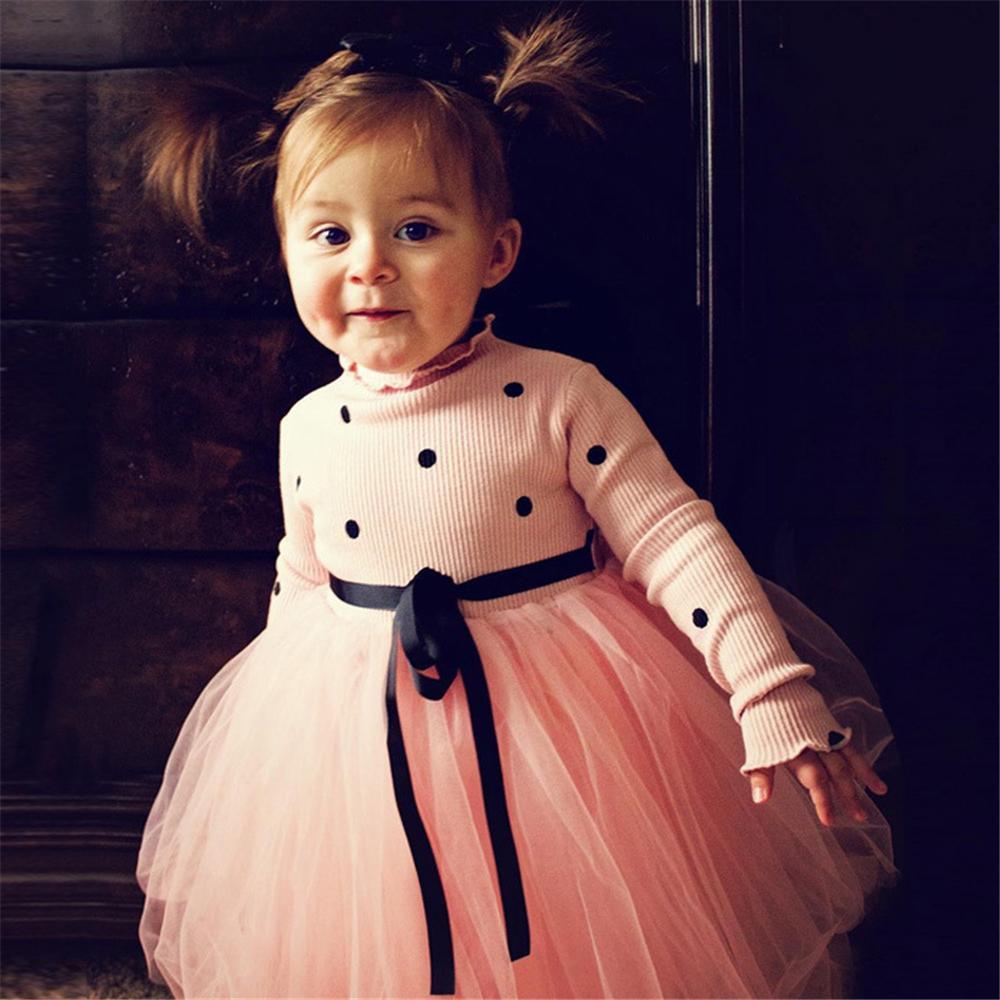 Baby Girls Polka Dot Knitted Long Sleeve Tulle Dress Baby Wholesales - PrettyKid