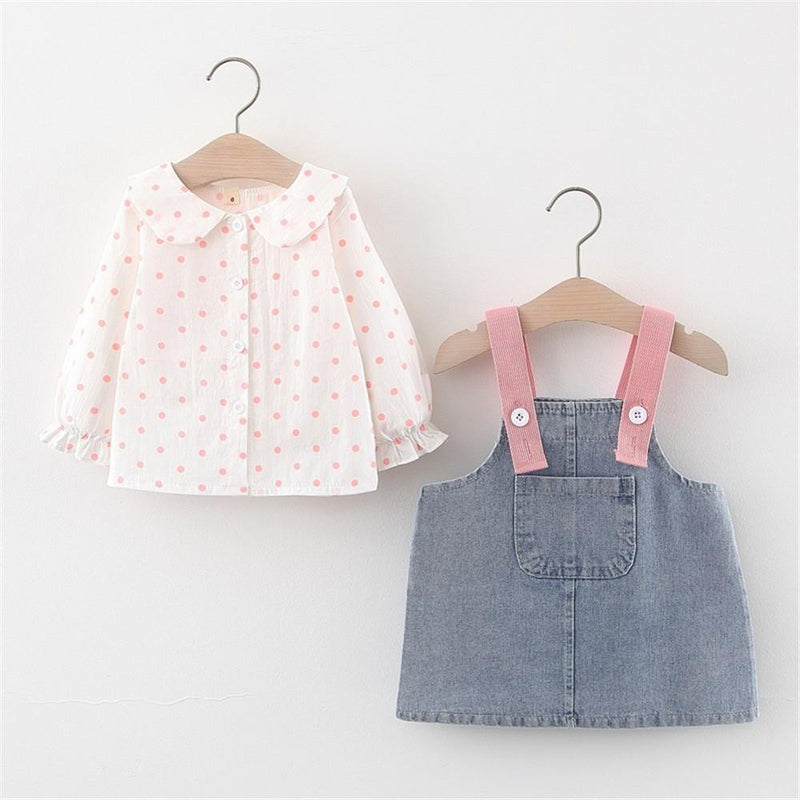 Girls Polka Dot Long Sleeve Blouse & Wing Denim Skirt - PrettyKid