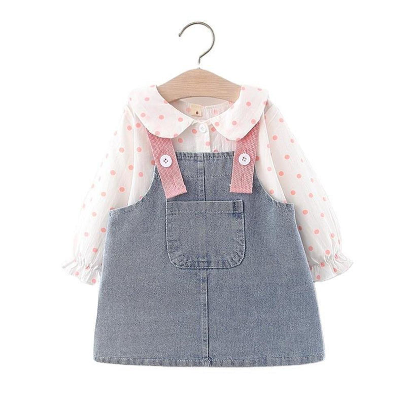 Girls Polka Dot Long Sleeve Blouse & Wing Denim Skirt - PrettyKid