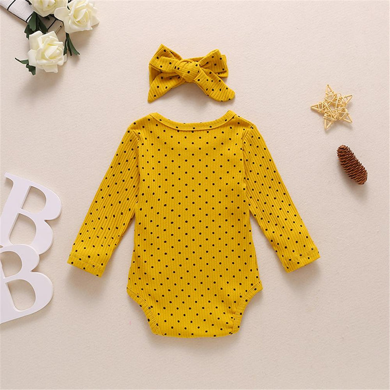 Baby Girls Polka Dot Print Long Sleeve Romper & Headband Baby Outfits - PrettyKid