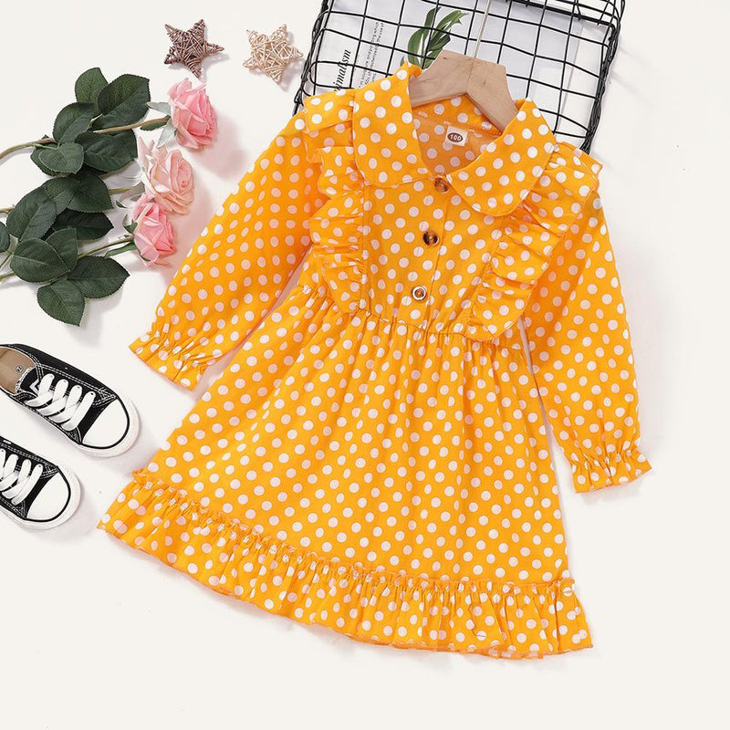 Girls Polka Dot Printed Long Sleeve Button Dress Girls Clothing Wholesalers - PrettyKid