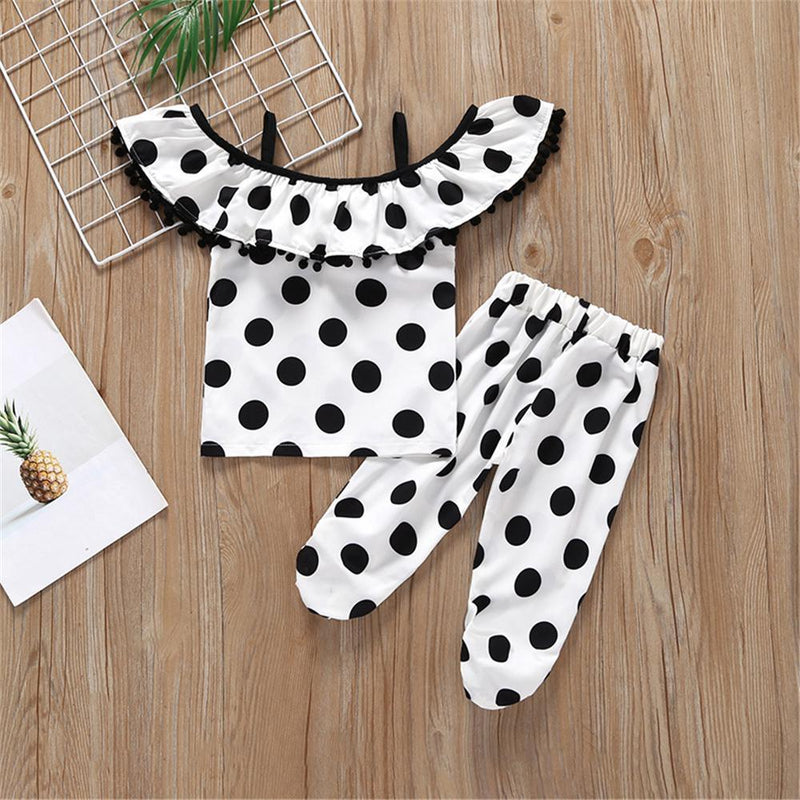 Girls Polka Dot Printed Off Shoulder Sling Top & Pants Girl Boutique clothes Wholesale - PrettyKid