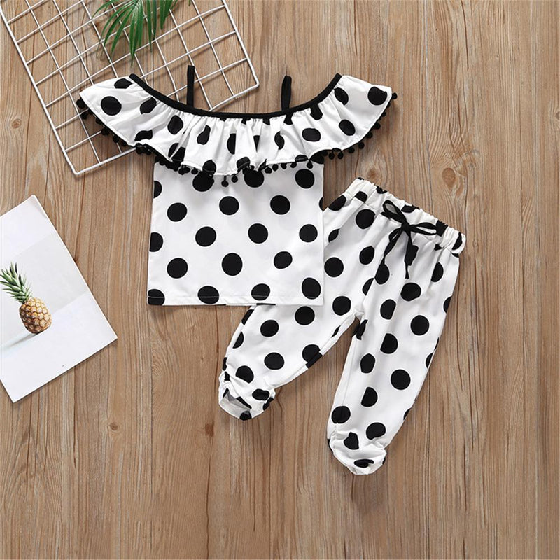 Girls Polka Dot Printed Off Shoulder Sling Top & Pants Girl Boutique clothes Wholesale - PrettyKid