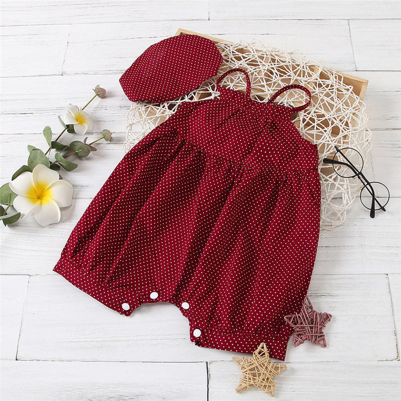 Baby Girls Polka Dot Printed Sleeveless Romper & Hat Wholesale Baby Clothes In Bulk - PrettyKid