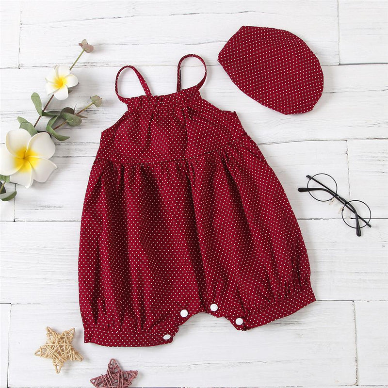 Baby Girls Polka Dot Printed Sleeveless Romper & Hat Wholesale Baby Clothes In Bulk - PrettyKid