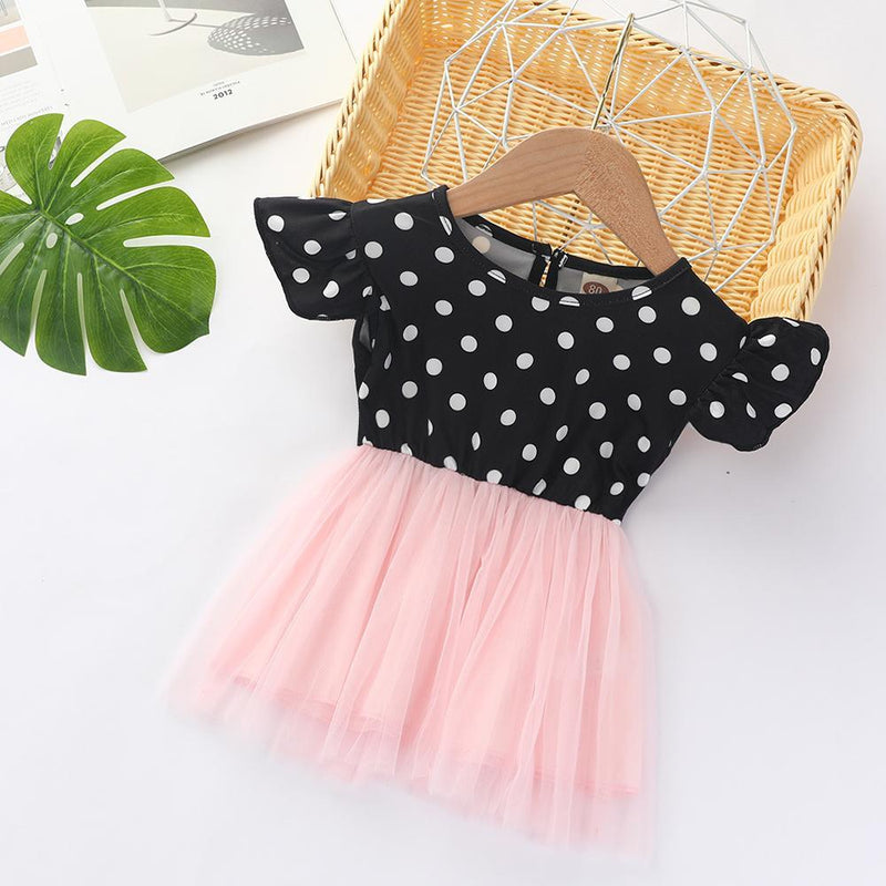 Girls Polka Dot Short Sleeve Splicing Mesh Dress Toddler clothes Wholesale - PrettyKid